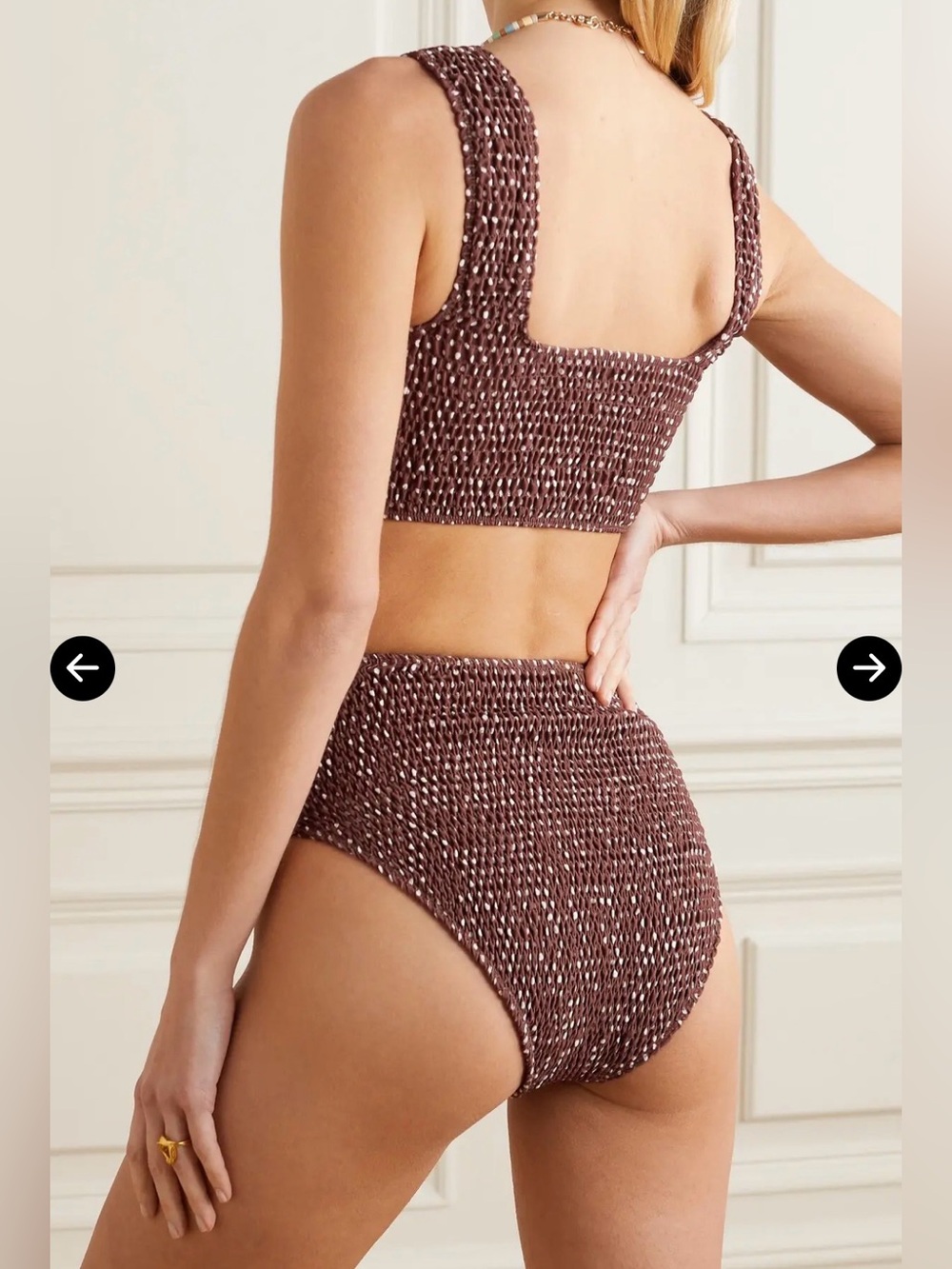 FAITHFULL THE BRAND Smocked Brown High-Waisted Bikini Bottom Polka Dot Medium